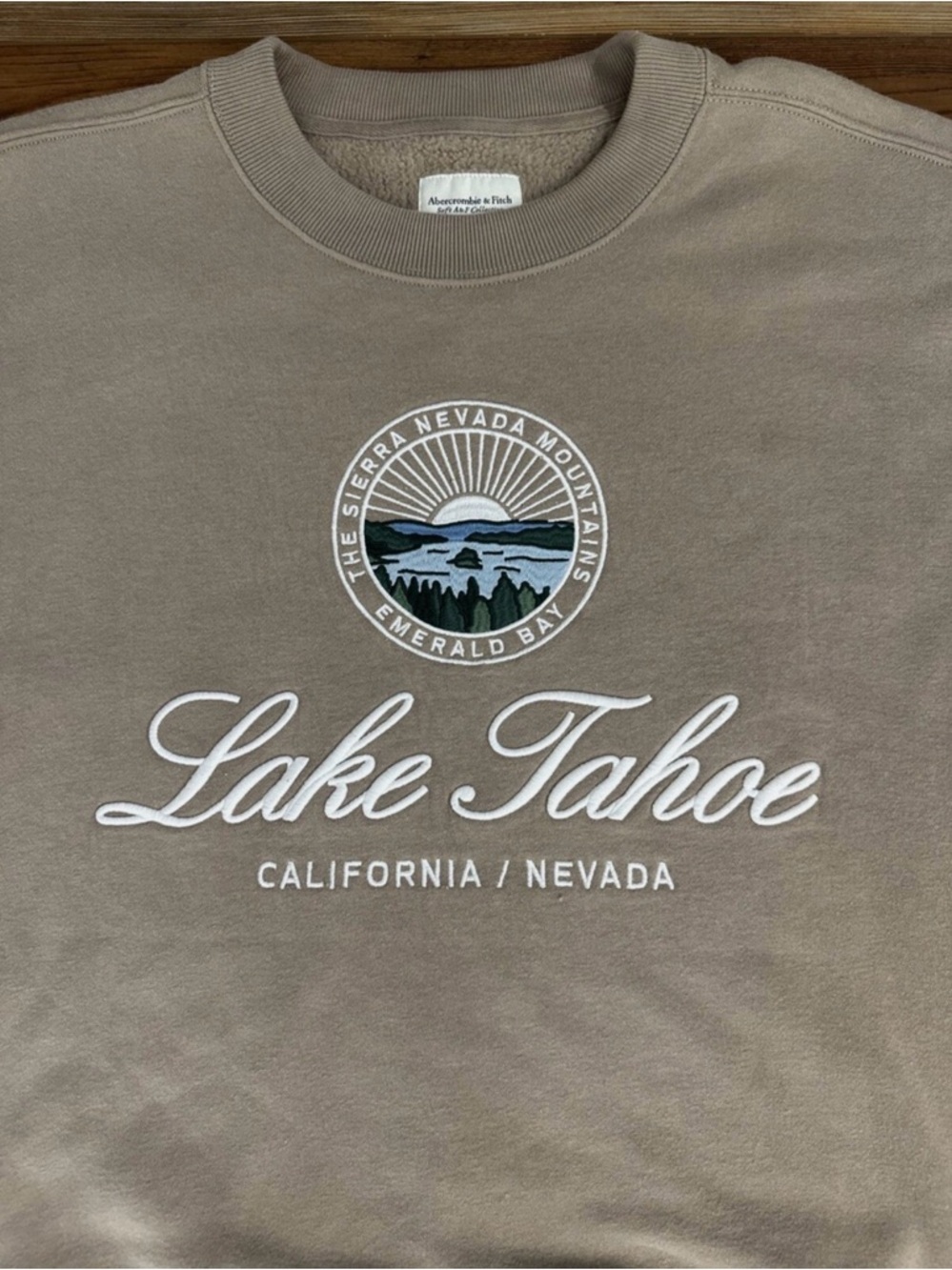 Abercrombie & Fitch Taupe Lake Tahoe Embroidered Crewneck